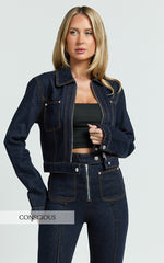 Celia Jacket - Collared Zip Front Crop Fitted Jacket in Dark Blue Wash