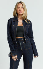 Celia Jacket - Collared Zip Front Crop Fitted Jacket in Dark Blue Wash