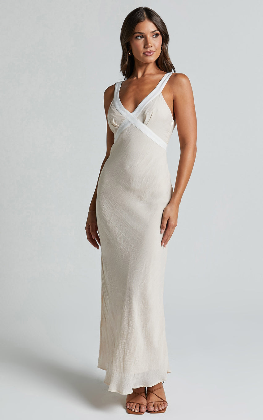 Chakyra Midi Linen Blend Dress - Contrast Strap Bias Cut Column Dress in Beige with White Contrast
