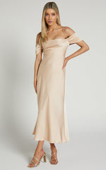 Chaney Midi Dress - Bardot Tie Back Detail Bias Cut Dress in Champagne