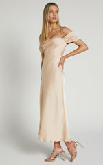 Chaney Midi Dress - Bardot Tie Back Detail Bias Cut Dress in Champagne