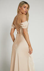 Chaney Midi Dress - Bardot Tie Back Detail Bias Cut Dress in Champagne