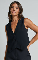 Charla Top - Tailored Button Through Vest in Black