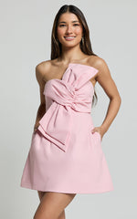 Chika Mini Dress - Linen Strapless Front Bow Dress in Soft Pink