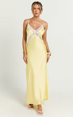 Christy Midi Dress - V Neck Lace Detail Slip Dress in Lemon