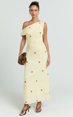 Cia Midi Dress - One Shoulder Dress in Yellow Choc Polka Dot