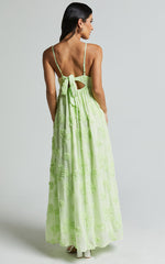 Claya Midi Dress - Sleeveless Straight Neckline Floral Detail Dress in Lime