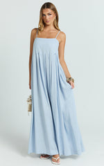 Cloe Maxi Dress - Pleated Detail Dress in Blue