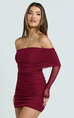 Clyde Mini Dress - Mesh Off Shoulder Ruched Bodycon Dress in Wine