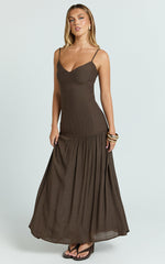 Collins Maxi Dress - V Neck Dropped Waist Gathered Maxi Dress in Chocolate