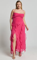 Connie Midi Dress - Ruffle Detail Dress in Hot Pink