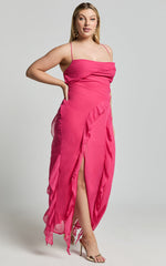 Connie Midi Dress - Ruffle Detail Dress in Hot Pink