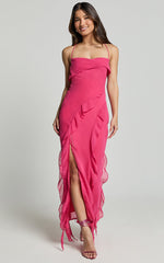 Connie Midi Dress - Ruffle Detail Dress in Hot Pink