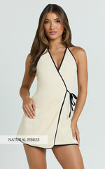 Connie Mini Dress - Linen Halter Neck Wrap Dress in Ecru