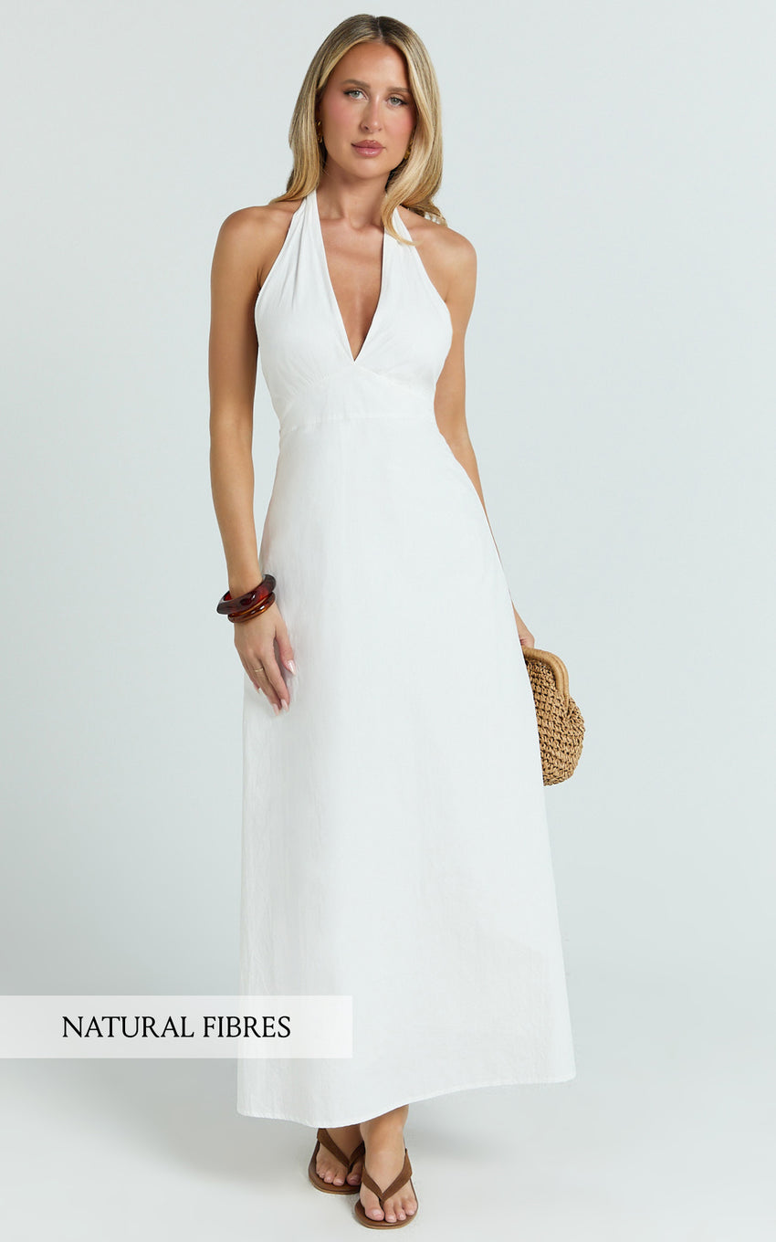 Connor Midi Dress - Halter Neck Tie Back Dress in White