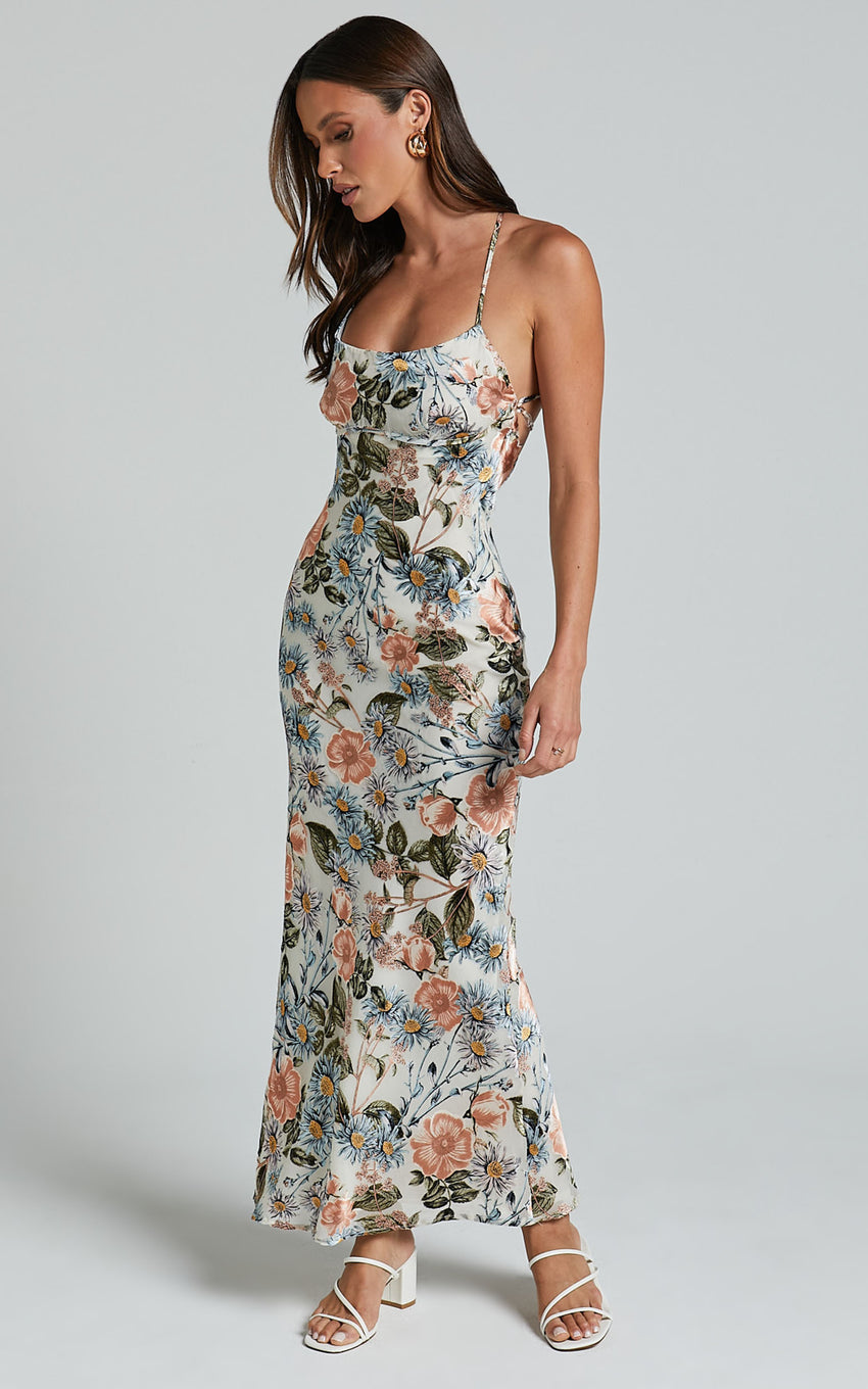 Constanzie Midi Dress - Open Tie Back Dress in Peach Floral
