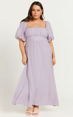 Roshina Midi Dress - Straight Neck Puff Sleeve Dress in Lavender