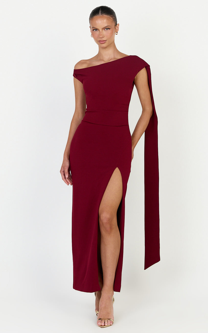 Cosette Midi Dress - Asymmetric Neckline Draped Shoulder Sash Dress in Wine