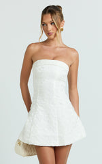Courtney Mini Dress - Satin Paneled Strapless A Line Dress in White