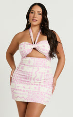 Amalie The Label - Lana Halter Front Cut Out Mini Dress in Mosaic Paradise Print
