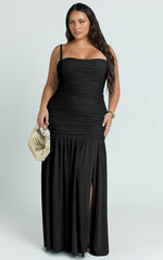 Cardi Maxi Dress - Ruched Mesh High Leg Split Dress in Black