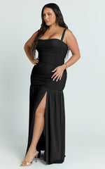 Cardi Maxi Dress - Ruched Mesh High Leg Split Dress in Black