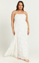 Claya Midi Dress - Sleeveless Straight Neckline Floral Detail Dress in White Embroidery