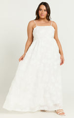 Claya Midi Dress - Sleeveless Straight Neckline Floral Detail Dress in White Embroidery