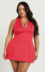 Gaia Mini Dress - Plunge Halter Fit and Flare Dress in Red