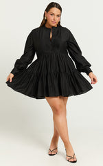 Kyra Mini Dress - Pin Tuck Detail Tiered Shirt Dress in Black