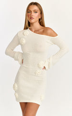 Daisy Mini Dress - Tipped Shoulder 3D Floral Knit Dress in Cream