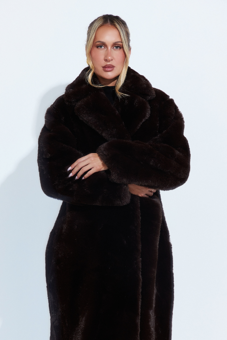 Dana Coat - Longline Faux Fur Coat in Chocolate