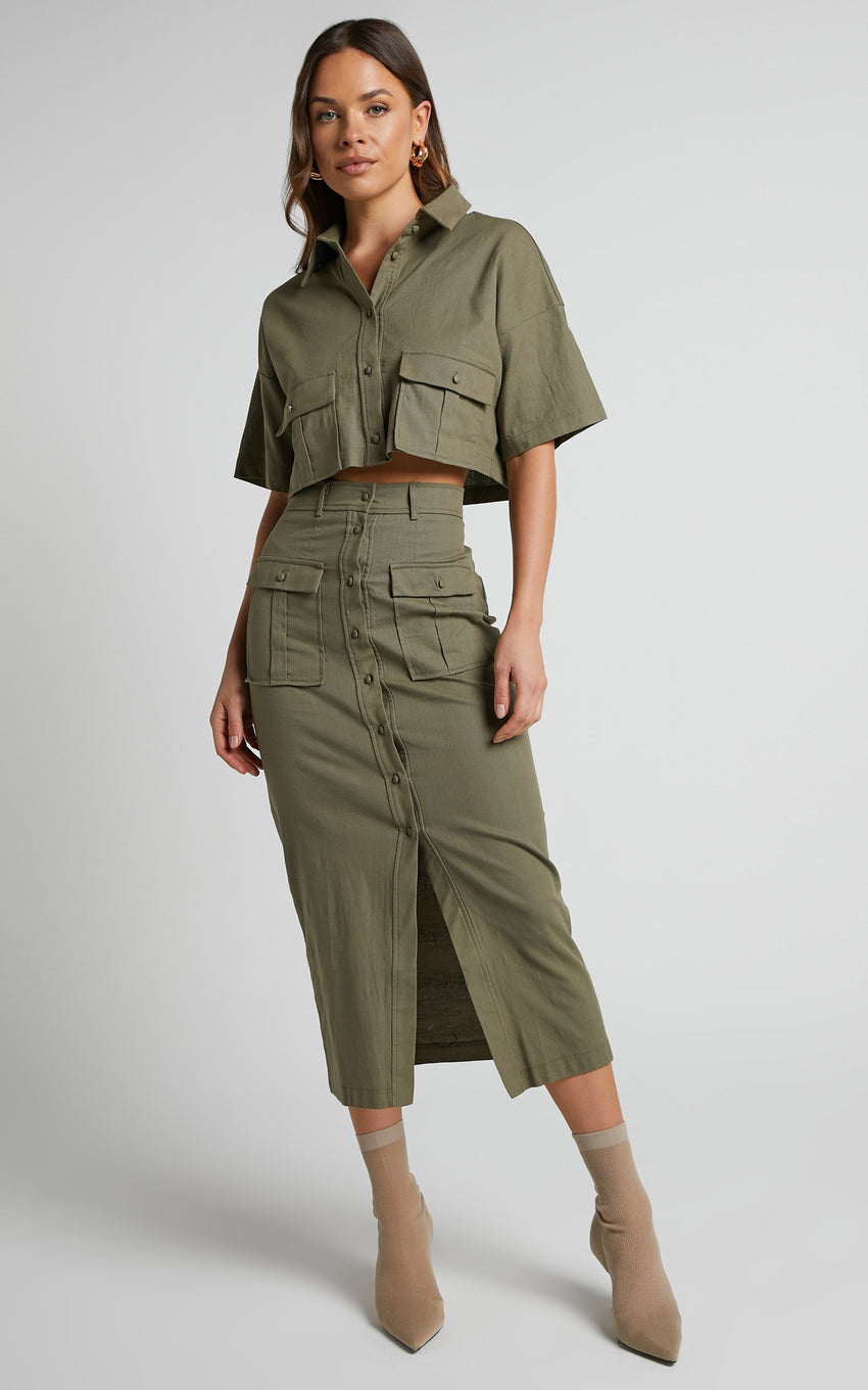 Davina Two Piece Set - Button Front Top and Midi Skirt Set in Khaki