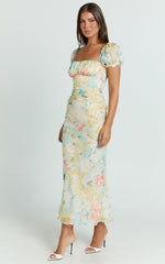 Debina Midi Dress - Sweetheart Neckline Short Sleeve Dress in Yellow