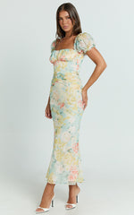 Debina Midi Dress - Sweetheart Neckline Short Sleeve Dress in Yellow