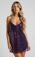 Delilaah Mini Dress - Strappy V Neck Slip Sequin Dress in Purple Sequins
