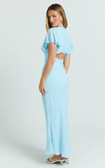 Desiree Midi Dress - V Neck Flutter Short Sleeve Slip Dress in Blue