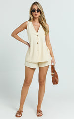 Devon Two Piece Set - Open Side Detail Top & Short Linen Look Set in Butter