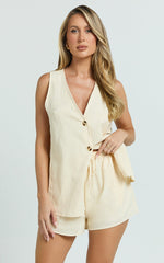 Devon Two Piece Set - Open Side Detail Top & Short Linen Look Set in Butter
