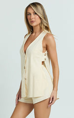 Devon Two Piece Set - Open Side Detail Top & Short Linen Look Set in Butter