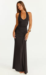 Dixie Maxi Dress - Plunge Halter Low Back Dress in Chocolate