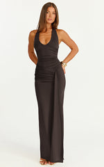 Dixie Maxi Dress - Plunge Halter Low Back Dress in Chocolate
