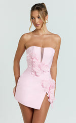 Dolores Mini Dress - Strapless Plunge Bodycon Leg Split Dress in Baby Pink