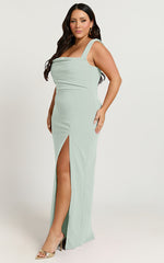 Donna Maxi Dress - Cowl Neck Column High Split Dress in Sage