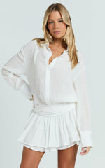 Edith Mini Dress - Long Sleeve Drop Waist Shirt Dress in White
