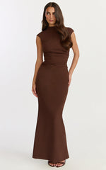 Eira Maxi Dress - High Neck Cap Sleeve Maxi Dress in Chocolate