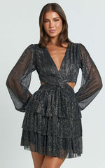 Elaine Mini Dress - Long Sleeve Tiered Plisse Dress in Gunmetal