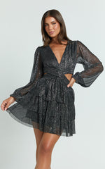 Elaine Mini Dress - Long Sleeve Tiered Plisse Dress in Gunmetal