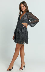 Elaine Mini Dress - Long Sleeve Tiered Plisse Dress in Gunmetal