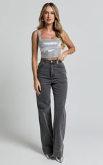 Elena Top - Metallic Jacquard Square Neck Top in Silver